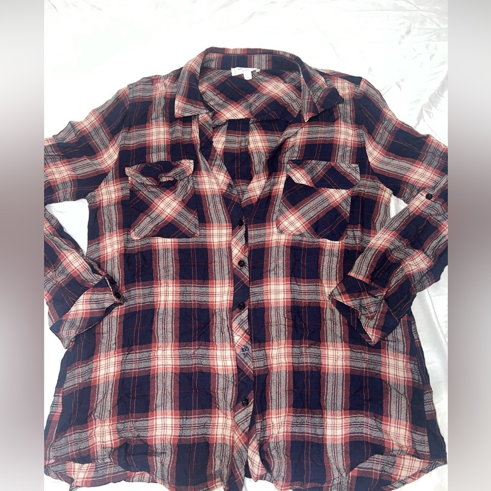 Blu Pepper Women's Sz L Blue Maroon Button Front Flannel Plaid Long Sleeve